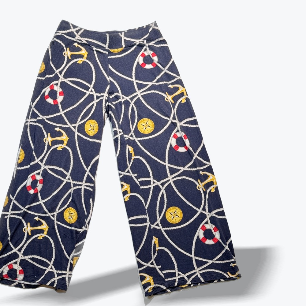 Ralph Lauren Navy Blue Nautical Rope Anchor Print Wide Leg Palazzo Pants Med P